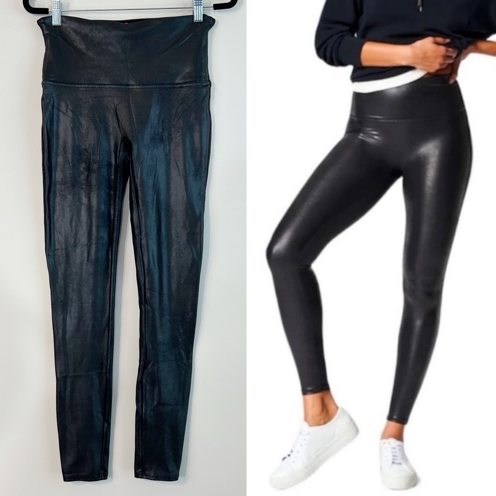 SPANX Metallic Shimmer Liquid Leggings Black Size Large Stretch Slimming Shape